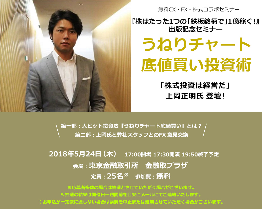 無料CX・FXセミナー 200万円を1億円にした投資法に迫る!うねりチャート底値買い投資術 「株式投資は経営だ」がポリシーの上岡正明氏初登壇!第一部:大ヒット投資法『うねりチャート底値買い』とは?第二部:上岡氏と弊社スタッフとのFX・CX意見交換 2017年11月25日(土)9:30開場 10:00開演3 12:45終了予定 会場:御茶ノ水ソラシティカンファレンスセンター RoomA 定員:50名 参加費:無料 ※応募者多数の場合は抽選とさせていただく場合がございます。※抽選の結果は開催日一週間前を目安にメールにてご連絡いたします。※お申込が一定数に達しない場合は講演を中止または延期させていただく場合がございます。