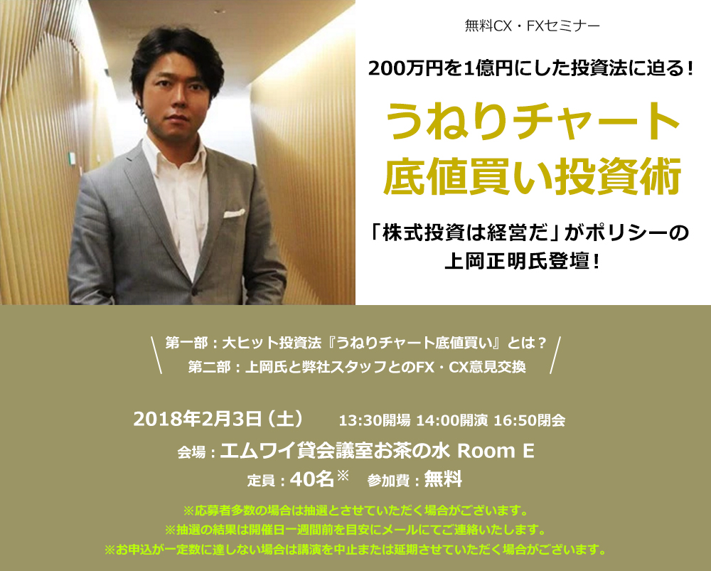 無料CX・FXセミナー 200万円を1億円にした投資法に迫る！うねりチャート底値買い投資術 「株式投資は経営だ」がポリシーの上岡正明氏初登壇！第一部：大ヒット投資法『うねりチャート底値買い』とは？第二部：上岡氏と弊社スタッフとのFX・CX意見交換 2017年11月25日（土）9:30開場 10:00開演３ 12:45終了予定 会場：御茶ノ水ソラシティカンファレンスセンター RoomA 定員：50名 参加費：無料 ※応募者多数の場合は抽選とさせていただく場合がございます。※抽選の結果は開催日一週間前を目安にメールにてご連絡いたします。※お申込が一定数に達しない場合は講演を中止または延期させていただく場合がございます。