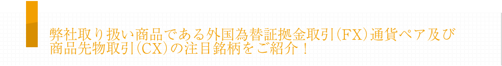 弊社取り扱い商品である外国為替証拠金取引（FX）及び商品先物取引（CX）の注目通貨ペア又は銘柄をご紹介！